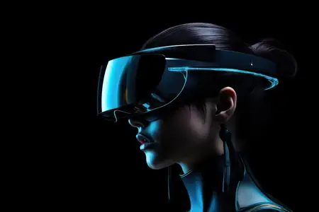 Реальность, женщина, технологии, современная VR-гарнитура, инновации, синий, молодая, очки, футуристический, будущее, концепция, портрет, женщина, устройство, цифровой, виртуальный