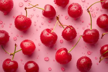 Свежие спелые вишни на розовом фоне с капельками воды, яркие и сочные фрукты