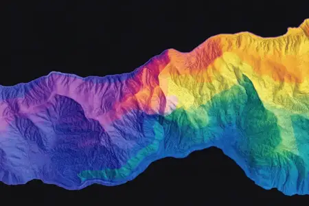 Эта яркая топографическая карта отличается спектром цветов, представляющих изменения высот и текстуры