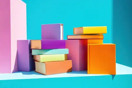 Ярко окрашенные стопки книг на эффектном синем фоне, вызывающие игривые эмоции