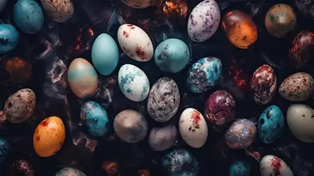 Красочное празднование Пасхи с яйцами на деревянном фоне в деревенском стиле, дополненное гнездом и винтажной птицей