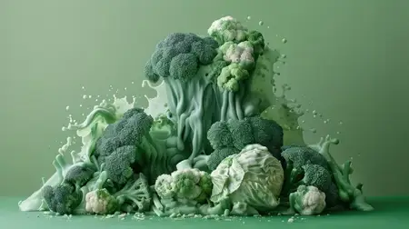 Сюрреалистическая композиция из брокколи и цветной капусты с текучими зелёными формами на подходящем зелёном фоне