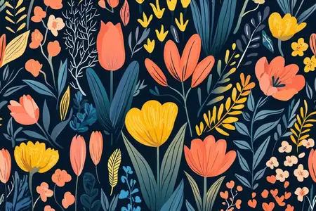 Яркий цветочный дизайн, включающий ассортимент красочных цветов и листьев на фоне глубокого синего цвета, идеально подходит для проектов, связанных с природой, весной или садоводством