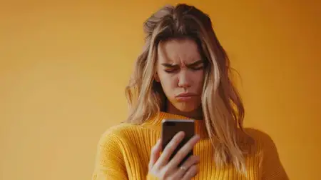 Молодая женщина в жёлтом свитере печатает сообщение на телефоне на фоне ярко-оранжевого фона
