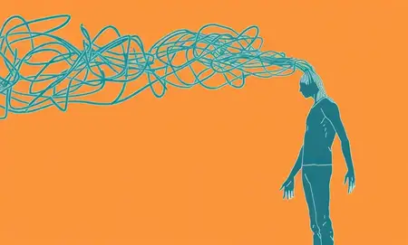 Исследование связи между технологией и разумом: человек с проводами, выходящими из головы, в воздушной иллюстрации