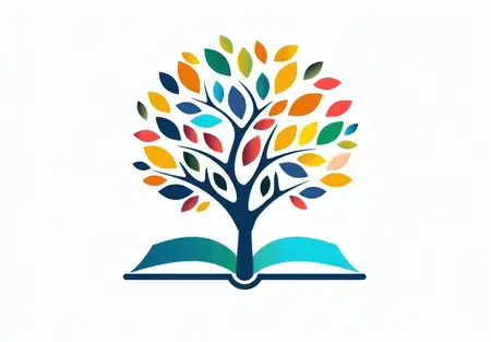 Открытая книга с разноцветными листьями и деревом посередине, символизирующая рост, знания и связь с природой