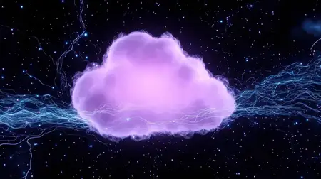 Зачаровывающее фиолетовое облако, окруженное электрической энергией на космическом фоне, идеально подходит для иллюстрации концепций снов, творчества и технологий