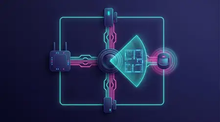 Яркая неоновая цифровая иллюстрация сетки мониторинга домашней безопасности видом сверху с центральным объективом камеры, планом этажа и умными устройствами, соединенными светящимися линиями на…