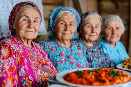 На этой яркой сцене четыре пожилые женщины в традиционной одежде разделяют трапезу, что отражает культурное наследие и общинные ценности в деревенской обстановке