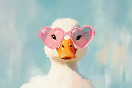 Причудливая иллюстрация утки в солнцезащитных очках в форме сердца на фоне ярко-голубого неба, вызывающая радость и игривость для сезонных проектов и дизайнов