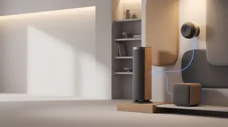 Инфографика без текста, изображающая современную домашнюю акустическую систему с сабвуфером и сателлитными колонками в чистой планировке гостиной, идеально подходящая для маркетинга продукта и…