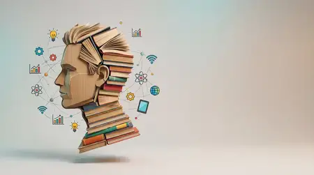 Парящие книги образуют человеческий силуэт в окружении абстрактных узлов, символизируя учебу, интеллект и взаимосвязанные знания