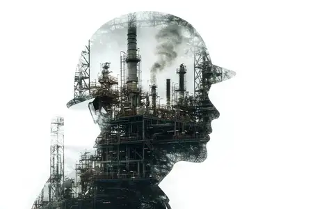 Выразительное изображение в технике двойной экспозиции, сочетающее профиль строительного рабочего с индустриальным пейзажем, иллюстрирующее связь между трудом и промышленностью