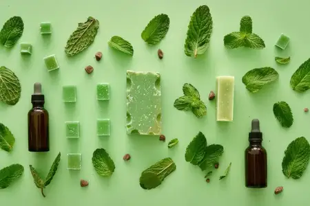 Композиция в стиле flat lay с листьями мяты, зеленым мылом и флаконами на мягком зеленом фоне, намекающая на свежесть и природную красоту