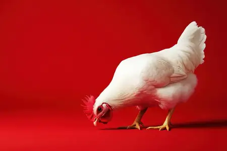 Это яркое изображение белой курицы на эффектном красном фоне идеально подходит для иллюстрации тем домашней птицы, фермерской жизни, здорового питания или свежих продуктов, передавая суть яркой…