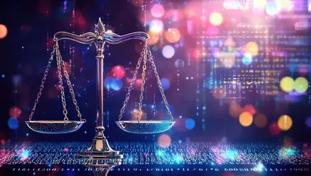 Впечатляющее изображение золотых весов правосудия на мерцающем цифровом фоне, наполненном разноцветными огнями и узорами, символизирующее закон, равенство и современность