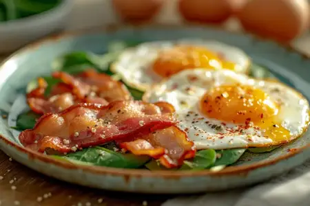 Тарелка с вкусным и полезным завтраком, включающим яйца, бекон и шпинат, поданная на столе