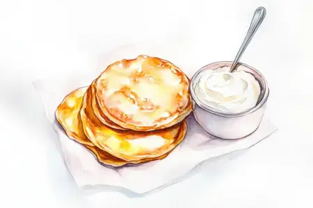 Насладитесь стопкой вкусных домашних блинов, поданных с нежной сметаной, идеально подходящих для любителей еды, ищущих вдохновение для завтрака и идеи сытной еды