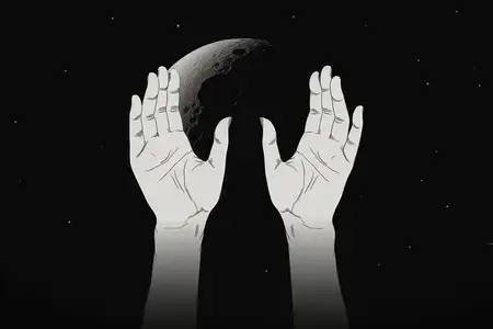 Винтажный рисунок: рука, держащая луну и звезды на фоне космоса