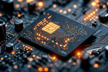 Детальное крупное изображение микросхемы с SIM-картой на печатной плате, подчеркивающее яркие цвета и текстуры, что представляет технологии, электронику и связь