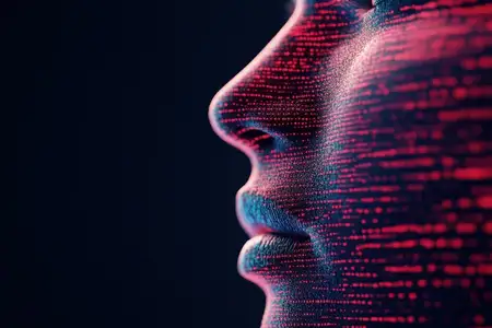 Изображение вызывает цифровую идентичность, визуализацию данных и кибернетическую эстетику, предполагая инновации, связь и тайну в высокотехнологичном ландшафте