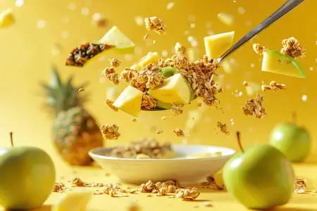 Вкусная домашняя гранола, украшенная свежими яблоками и ананасами на ярком жёлтом фоне