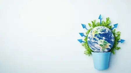 Эта красочная иллюстрация изображает Землю в горшке, окруженную пышной зеленью и стрелками, символизирующими рост и устойчивость, идеально подходит для концепций, связанных с экологической…