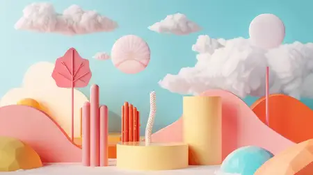 Яркое 3D-произведение искусства с облаками, деревьями и различными объектами на синем фоне