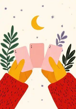 Красочная иллюстрация двух рук, показывающих три розовые игральные карты под ночным небом со звездами и полумесяцем, идеально подходит для тем игр, веселья и семейного единения