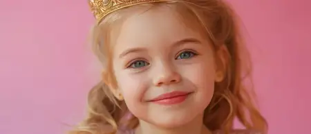 Счастливая маленькая девочка в золотой короне, которая ярко улыбается и излучает радость и невинность