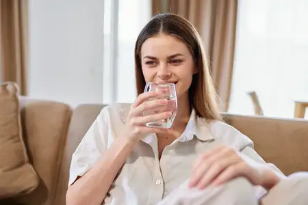 Женщина пьет воду, сидя на диване дома, наслаждаясь освежающим стаканом воды и отдыхая в светлой гостиной