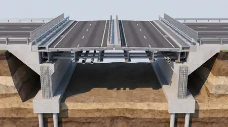 Реалистичная 3D-сцена моста и дорожной инфраструктуры с сбалансированными структурными деталями для использования в планировании