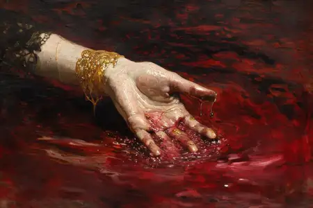 Символическое изображение женской силы и самопожертвования: рука женщины, кровоточащая на землю