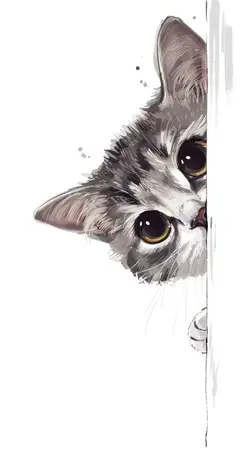 Игривая иллюстрация серого кота с большими глазами, который с любопытством заглядывает за сплошной белый фон, передавая ощущение невинности