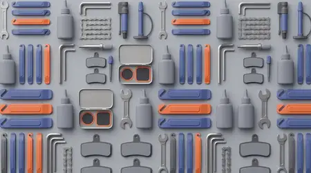 Мягкое матовое 3D-поле с повторяющимися инструментами для ремонта велосипедов, запчастями и аксессуарами для брендинга велосервиса