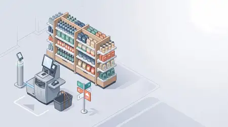 Изометрический интерьер розничного магазина с киоском самообслуживания, организованными полками и чистым свободным пространством для сообщений о клиентском опыте