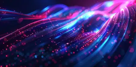 Потрясающее изображение струящихся световых волн в синих и розовых оттенках со светящимися частицами, усиливающими ощущение движения и глубины