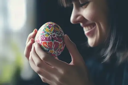 Радостная женщина, любующаяся ярким, искусно расписанным пасхальным яйцом, олицетворяющая творчество и сезонные праздники в теплой, уютной обстановке, идеально подходящей для праздничных торжеств