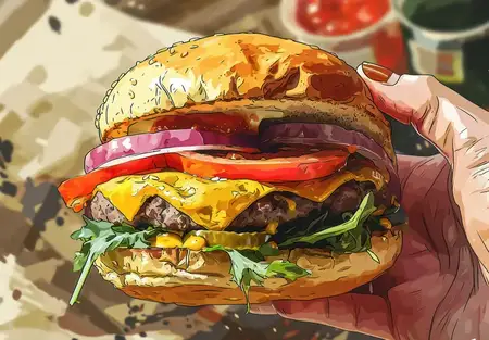 Вкусный гурме-бургер с сочной говяжьей котлетой, свежим салатом-латуком и сыром, подаётся на булочке с кунжутом — аппетитная американская классика