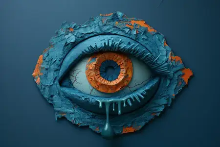 Сюрреалистическое 3D-изображение реалистичного глаза со слезой на текстурированной синей стене