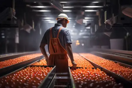 Люди на конвейере, обработка продуктов, производственное оборудование, машины