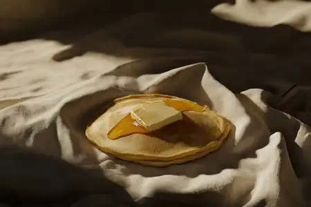 Аппетитные блины с тающим маслом и медом, поданные на мягкой льняной ткани, вызывающие чувство уюта и тепла
