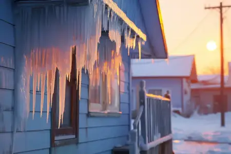 На белом фоне инея изображена природа: сосульки на улице днем, свисающие с крыши, сезонная погода, замерзшее здание, холодная зима, лед, вода, острый снег, обледеневший дом