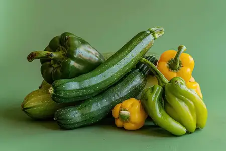 Яркая композиция из свежих овощей, таких как цукини, зеленый и желтый болгарский перец и бананы, на мягком зеленом фоне