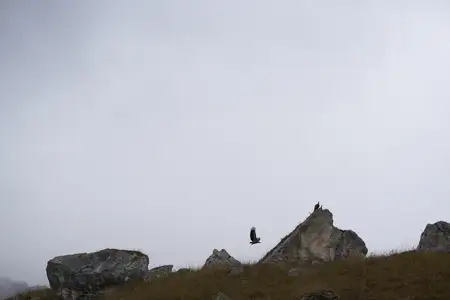 Горный пейзаж: скалы, камни, облака в небе, трава