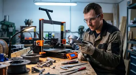 Индустриальная документальная сцена: техник проверяет свежую 3D-печатную деталь рядом с принтером, с реалистичными материалами, человеческим масштабом и деталями мастерской