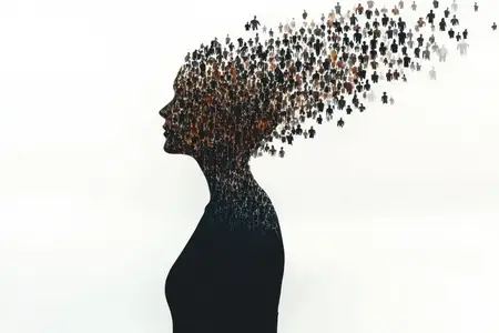 Выразительный силуэт женщины, заполненный красочной толпой, символизирующий общность и связь