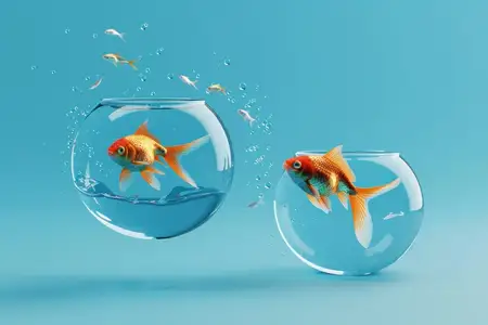 Золотая рыбка выпрыгивает из аквариума, 3D-рендеринг на синем фоне, символизирующий свободу и исследование