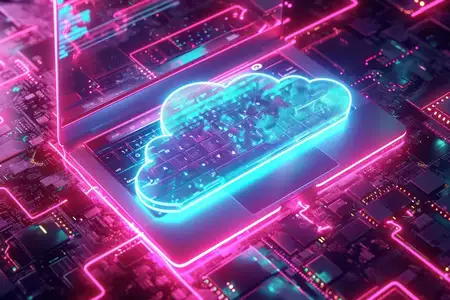 Связанная киберсистема: синяя абстрактная иллюстрация современной цифровой сети и облачных вычислений