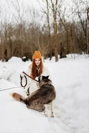 Молодая женщина играет в снегу с собакой на улице, демонстрируя дружбу во время зимних каникул